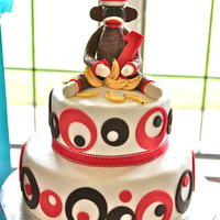 Sock Monkey Cake Chocolate cake with banana cream cheese filling, frosted with ganache under fondant.