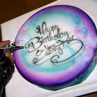 Airbrushed Birthday Cake! This is designed on a fondant frosted cake and pretty much all free-hand airbrushed...this is a tricky design because it requires the hands...