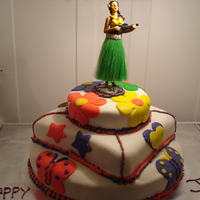 4Th Birthday Hula Party! The is a 3 tier cake with buttercream icing, and marshmallow fondant. The bottom tier is vanilla pound cake, the middle tier is strawberry...