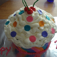 Giant Cupcake this is a strawberry cake with buttercream icing and fondant icing! And the cherries on top are also fondant! Very pleased with the...