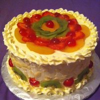 Cherry-Strawberrylicious Vanilla cake with stabilized whipped cream icing, decorated with cherries, strawberries, peaches and kiwi fruit.Got the idea from another...
