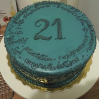 An International Greeting A birthday cake for a friend son-in-law; it had Congratulations in all languages. Amaretto Ponque Cake and syrup covered in Buttercream...