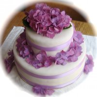 Flowers The bride's favorite color, fondant covered two layer choc cake with raspberry filling and choc buttercream, satin ribbon.