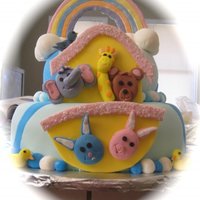 Nolan's Ark Choc cake with vanilla buttercream, red velvet with vanilla buttercream. Fondant and gumpaste decorations. Thanks, Wilton cake yearbook...