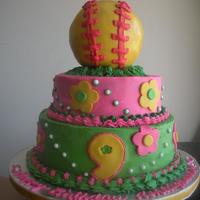 Pink & Green Softball Cake A birthday cake for a little girl who plays softball. Her team colors were pink & green - design inspired from someone here on CC. Top...