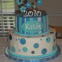 Katie's Graduation Cake 12 & 8 inch cakes with buttercream. Fondant dots & stripes, gumpaste letters. For a young lady who loves blue.