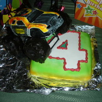Maximum Destruction Monster Truck Loaf pan car with rice treat wheels covered with model choc.