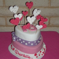 Pretty In Pink chocolate trpile layer cake frosted with ganache and the bottom ones frosted with choc BC... it is decorated with fondant and royal icing