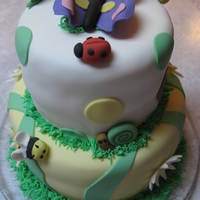 One Buggy Birthday two tier cake covered with mmf. Decorated with critters made of gumpaste