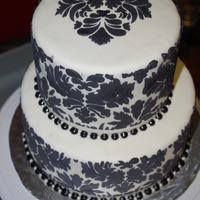 Damask Wedding Cake to match wedding invitations for a bridal shower. My first attempt at stenciling, stenciled and bordered with royal icing and edible...