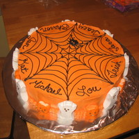 Spider Web Another work birthday cake...this time marshmallow ghost "peeps" for decoration on the sides and all the names of the coworkers...