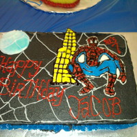 Spiderman This was the 2nd cake that was made with Pecan cake mix w/homemade buttercream n the center was buttercream w/raspberry jam which is canned...
