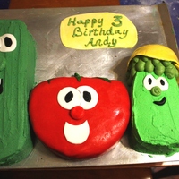 Veggie Tales Made with one cake mix in a 6 inch round and an 8 inch square pans. I cut the square diagonally for Larry, and used one of the corners for...