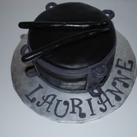 Drum Cake 6" cake, Satin Ice Black Fondant, the charcoal is black satin ice, wilton gumpaste, and white mmf. Birthday Cake for a 15 year old who...