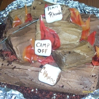 Camp Fire Cake jelly rolls for logs fruit roll up flames and actual marshmallows on egg dipping wires