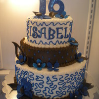 Sweet Sixteen With Funky Flowers Strawberry Cake with Vanilla Buttercream Filling and Frosting. Made for my neighbor in her choice of colors. All decoration is fondant....