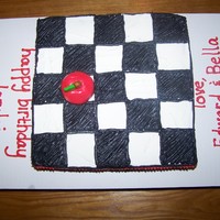 Twilight Cake 10x10 square strawberry cake with buttercream icing and fondant apple and red ribbon... as all the books in the series on the sides