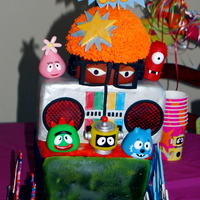 Yo Gabba Gabba Cake Choc cake covered in MMF with gumpaste details.