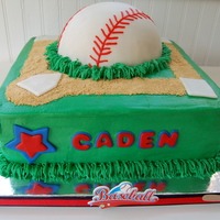 Baseball Birthday Cake WASC Cake: 1/2 sports ball pan on a 10" square. Iced in buttercream, baseball is covered in white fondant with red fondant stitching....