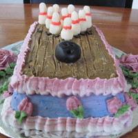 Bowling Bowling pins and ball are candy clay, the lane is a brownie made in a loaf pan and iced in buttercream