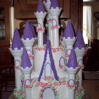 Castle Cake Cake is six inch yellow with raspberry filling stacked on ten inch devil's food with peanut butter filling. Covered with whipped icing...