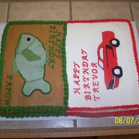 Double Birthday / Fish And Mustang This was a sheet cake made for a son and grandpa. The son likes mustangs and the grandpa likes to fish. The mustang side turned out good...
