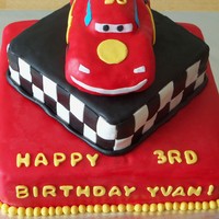 Lightning Mcqueen Rice Krispie Car, covered in fondant. Chocolate cake and vanilla cake covered in fondant. All lfondant accents. Ideas from various cakes...