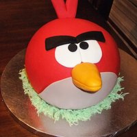 Angry Birds! I used a half round cake pan and made one half out of cake and the other half out of RKT. The beak, feathers, and tail are fondant/gum...