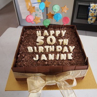 Chocolate Panel Cake Chocolate mud cake covered in chocolate ganache and chocolate panels (made using a mould). Balloons and stars made from gumpaste. Wires are...