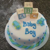 Boy Baby Shower White Boxed cake, homemade Buttercream Fondant, real blocks and sculpted fondant/gumpaste figures.