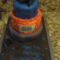 Star Wars Cake Three tiered WASC buttercreme, and MM fondant cake. Bottom and top layers MM fondant, middle layer buttercreme. Cake topper and Figure...