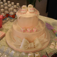 Angela's Baby Shower 10 inch and 6 inch layers covered in fondant. Shoes are gum paste (template was from another CC user). Bow and blanket and gum paste and...