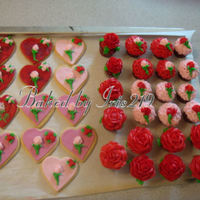 Valentine Cupcakes & Cookies Red velvet cupcakes with butter cream roses & heart shaped sugar cookies covered with marshmellow fondant and decorated with butter...