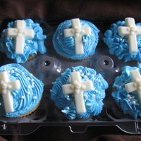 Boy Baptism Cupcakes Chocolate cupcakes with buttercream frosting for a boys baptism party