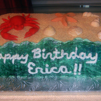 Ocean Cake Cake requested with a Maryland Shore theme. I'm happy with the sand and the crab and the shells and the water. But the piping bag...