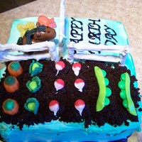 Farmville Cake The pumpkins are the candy, the radishes are M&Ms with white chocolate on the bottom, the peas are fruit chews rolled out with M&Ms...