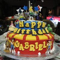 Toy Story Cake Birthday cake done for bestfriends nephew...base 12in cake and top 8 in....both white cake with strawberry cream filling and bc..covered...