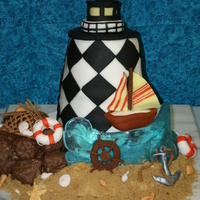 Nautical Cake The lighthouse is lime cake covered in fondant. The wave is isomalt, the rocks are rice krispie trears covered in chocolate. The sand is...