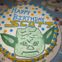 Poor Yoda Cake for my hubby's birthday. Dk Choc Cake w/ White Choc Buttercream. Decided to freehand Yoda at the last minute. If only I had more...
