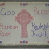 Twins Baptism WASC w/ Raspberry BC filling/Vanilla BC icing. FBCT of Celtic Cross.