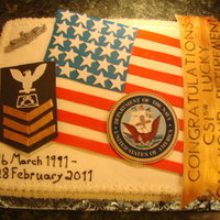 Us Navy Retirement Cake I made this cake for by brother-in-laws naval retirement. The navy seal, patch, pin, american flag and ribbon is all fondant. The cake is...