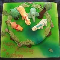 3D Jungle Cake Chocolate sponge covered with sugarpaste. Animals made from sugarpaste and CMC. Trees on top made from cake pops.