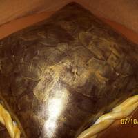 My First Pillow Cake!! Strawberry cake and vanilla frosting underneath chocolate fondant. Carved this cake from a 9"x9" inch square cake. Gold luster...