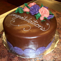 Congrats Cake With Roses vanilla cake, buttercream. poured chocolate fondant, marzipan roses, modeling chocolate border