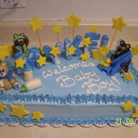 Oh Boy ! this is a white cake with blue sprinkles mixed in the batter and a butter cream iceing .The characters and name are in modeling chocolate~...