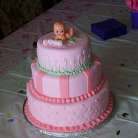 Candy's Baby Shower Cake 3 tiered fondant covered cake. 1st and 3rd tiers are French vanilla cake, 2nd tier is Dark chocolate cake. All have 2 layers of raspberry...