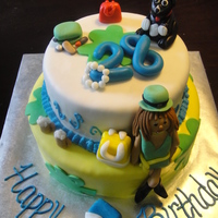 St. Patricks Day Birthday Fondant covered cake with gumpaste/fondant leprechaun girl and puppy, girly accessories and St. Patrick's Day themed accessories.