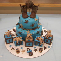 Baby Bear Cake Made for a baby shower. Mom wanted bears, baby blocks, cowboy boots and camoflauge worked into the cake. Momma bear is covering her eyes...