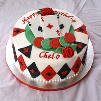 Cards/poker 9" Sourcream extender recipe with dulce de leche filling and vanilla buttercream. Decorations are all fondant. Thanks!