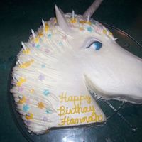 Unicorn unicorn iced in bc sprayed with silver for shimmer. Fondant horn, ears, and eye.